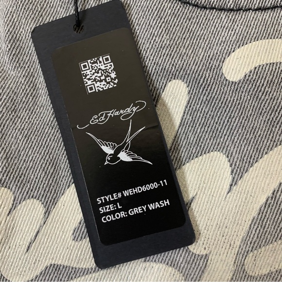 Ed Hardy grey wash Cross denim printed mini skirt L NWT - Picture 5 of 14